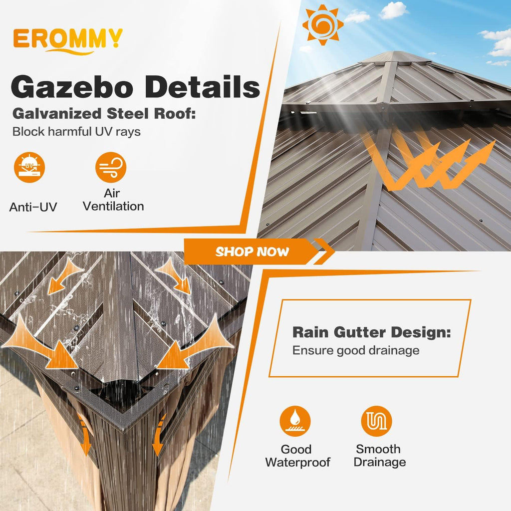 EROMMY 12' x 12' Gazebo Hardtop Double Roof Galvanized Steel Gazebos with Netting and Curtains Outdoor Aluminum Frame Permanent Metal Pavilion for Patio Backyard Deck and Lawns