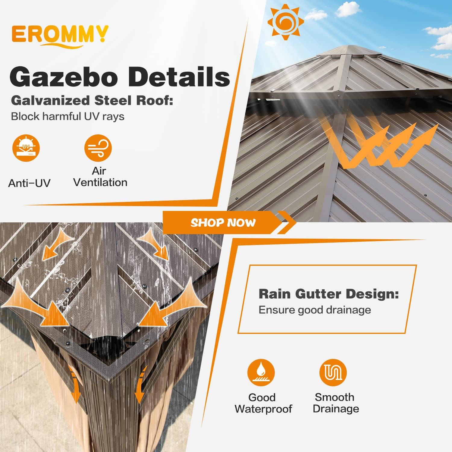 EROMMY 12' x 12' Gazebo Hardtop Double Roof Galvanized Steel Gazebos with Netting and Curtains Outdoor Aluminum Frame Permanent Metal Pavilion for Patio Backyard Deck and Lawns