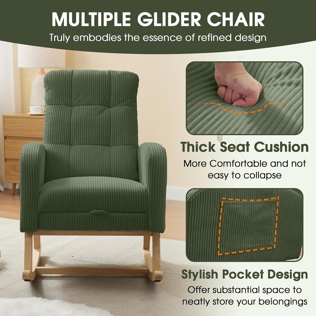 NIOIIKIT Nursery Rocking Chair, Corduroy Upholstered Rocking Chair with Adjustable Footrest, Tufted Rocker Chair with Side Pocket, Glider Rocker for Living Room, Bedroom (Green Retro)