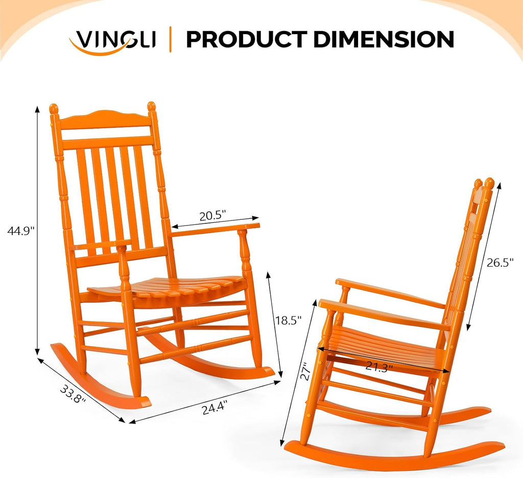 VINGLI Wooden Rocking Chair, Outdoor Chair with 450 lbs Support, Relaxing Rocker with Solid Wood High Back Seat Reclining Seat for Deck, Garden, Backyard, Porch, Indoor or Outdoor Use (Orange, 2PCS)