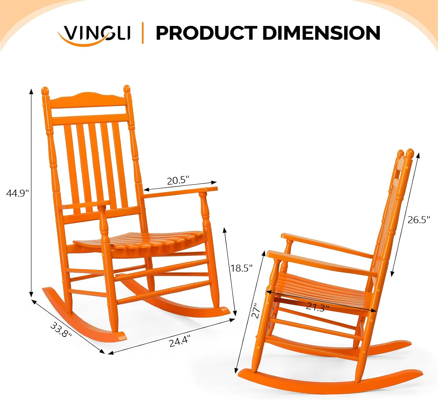 VINGLI Wooden Rocking Chair, Outdoor Chair with 450 lbs Support, Relaxing Rocker with Solid Wood High Back Seat Reclining Seat for Deck, Garden, Backyard, Porch, Indoor or Outdoor Use (Orange, 2PCS)
