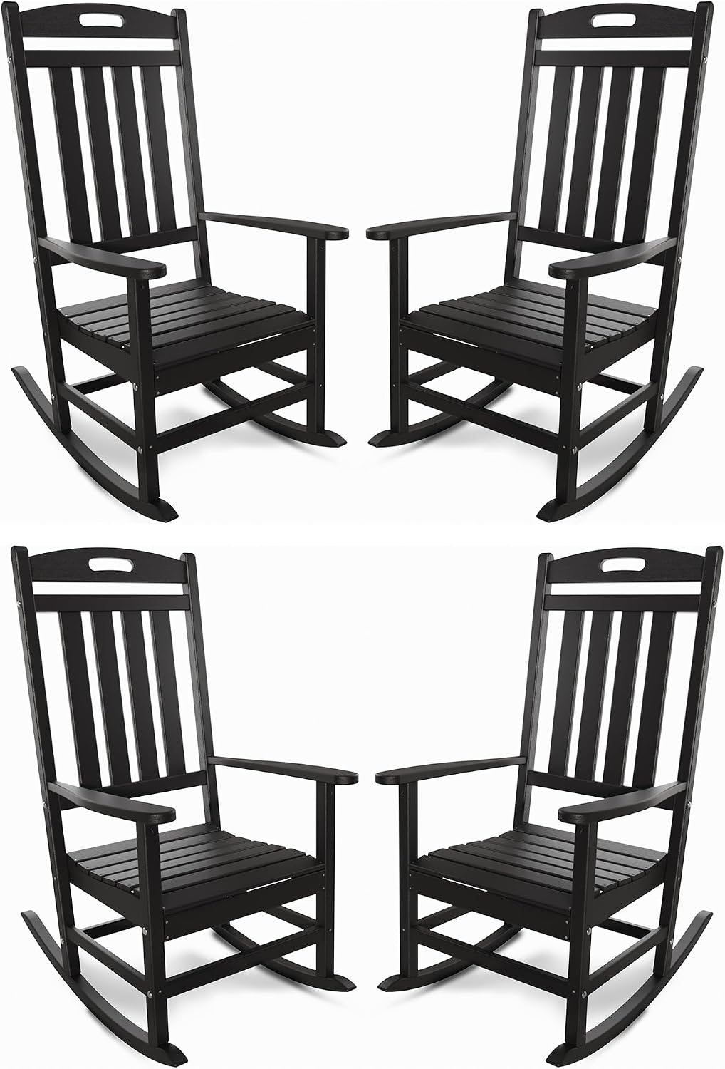 Outdoor Rocking Chair Set of 4, All-Weather Resistant Poly Lumber Rocker Chair Outdoor, High Back Plastic Patio Rocking Chairs for Outside Porch Rocker Garden Lawn, Black