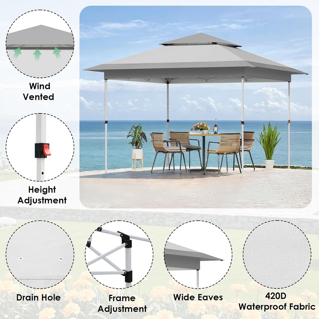 TLSUNNY 13X13 Pop Up Canopy Tent, Camping Shader W/Overhanging Eaves & Sand Bag, Outdoor Gazebo Shelter W/One Push Setup & Wheeled Bag, Height Adjustable, for Patio, Market, Party (Grey, 13FTX13FT)