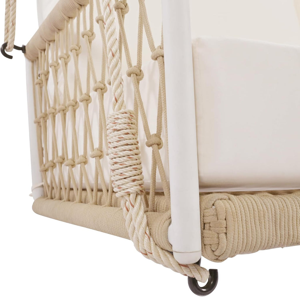 LUMISOL 2-Person Outdoor Porch Swing, 51.6' Woven Rope Swing Bench with Soft Cushions, Patio Hanging Chair for Balcony Porch Garden, Beige