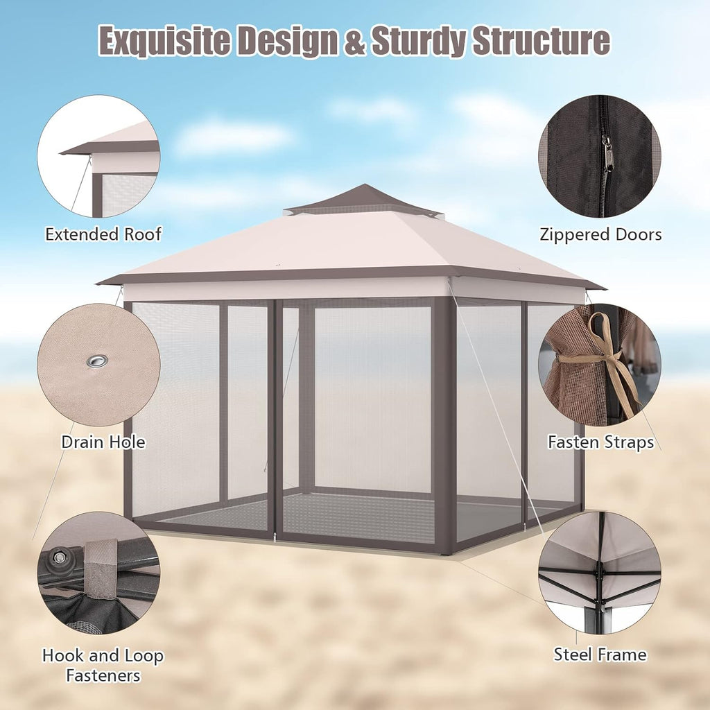 Tangkula 11x11 Ft Pop up Gazebo, 2-Tier Patio Gazebo with Netting, Carry Bag, Easy Set up Outdoor Gazebo with 121 Square Feet of Shade for Backyard, Deck, Poolside (Beige)