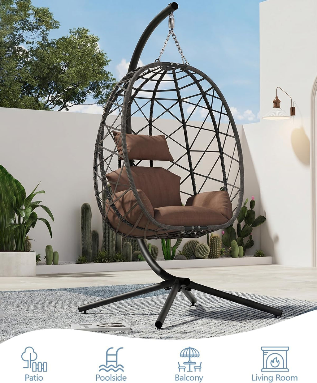 SWITTE Hanging Egg Chair with Stand, Outdoor Indoor Rattan Wicker Egg Swing Chair with Cushion, Heavy Duty Patio Hammock Chairs for Garden Backyard Balcony Bedroom, 400LBS Capacity, Brown