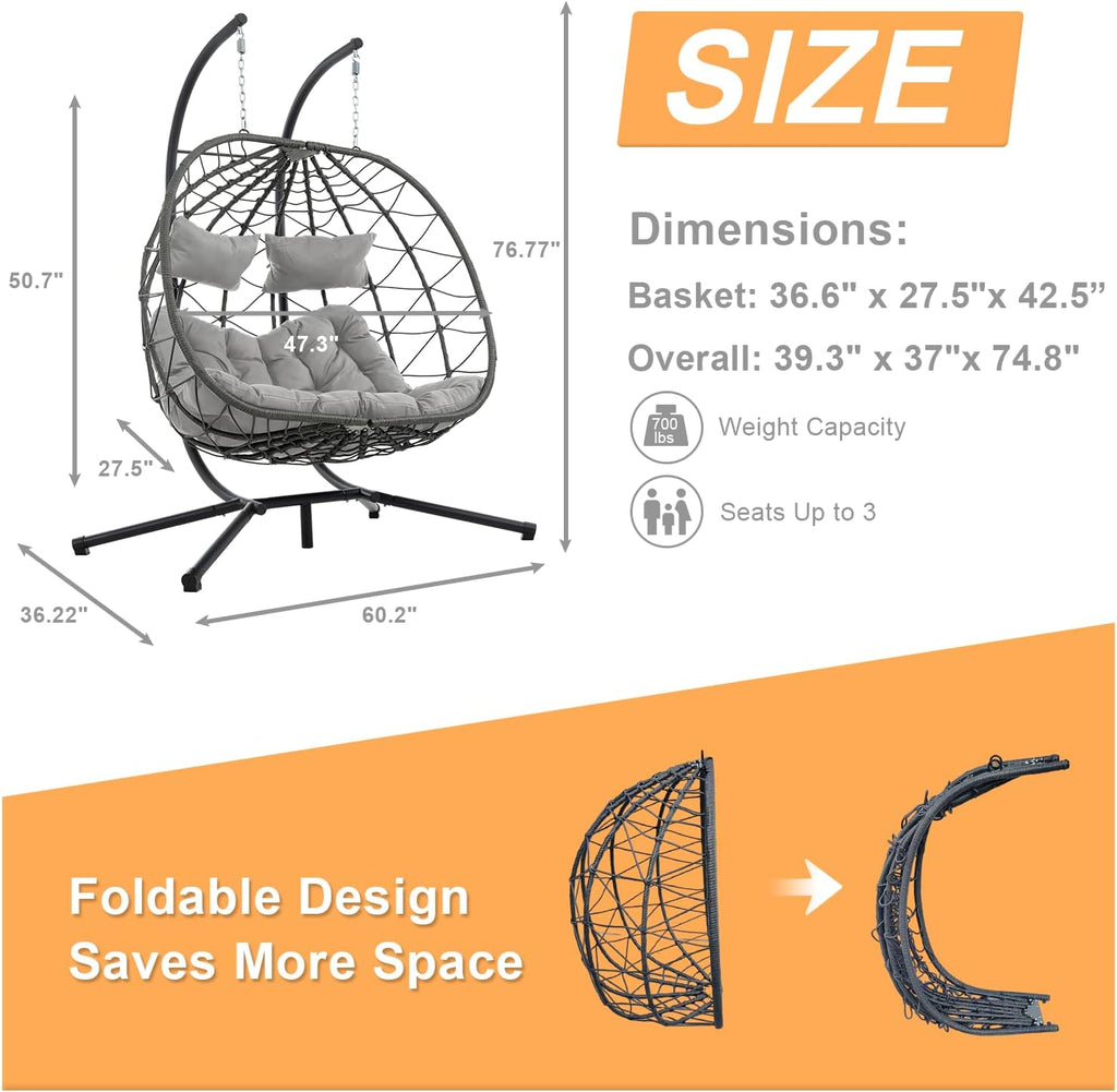 Double Egg Swing Chair with Stand, 2 Person Outdoor Indoor Hammock Hanging Chair with Cushion,Patio Wicker Hanging Egg Chair w/Cushion 700LBS Capacity for Bedroom, Balcony, Garden