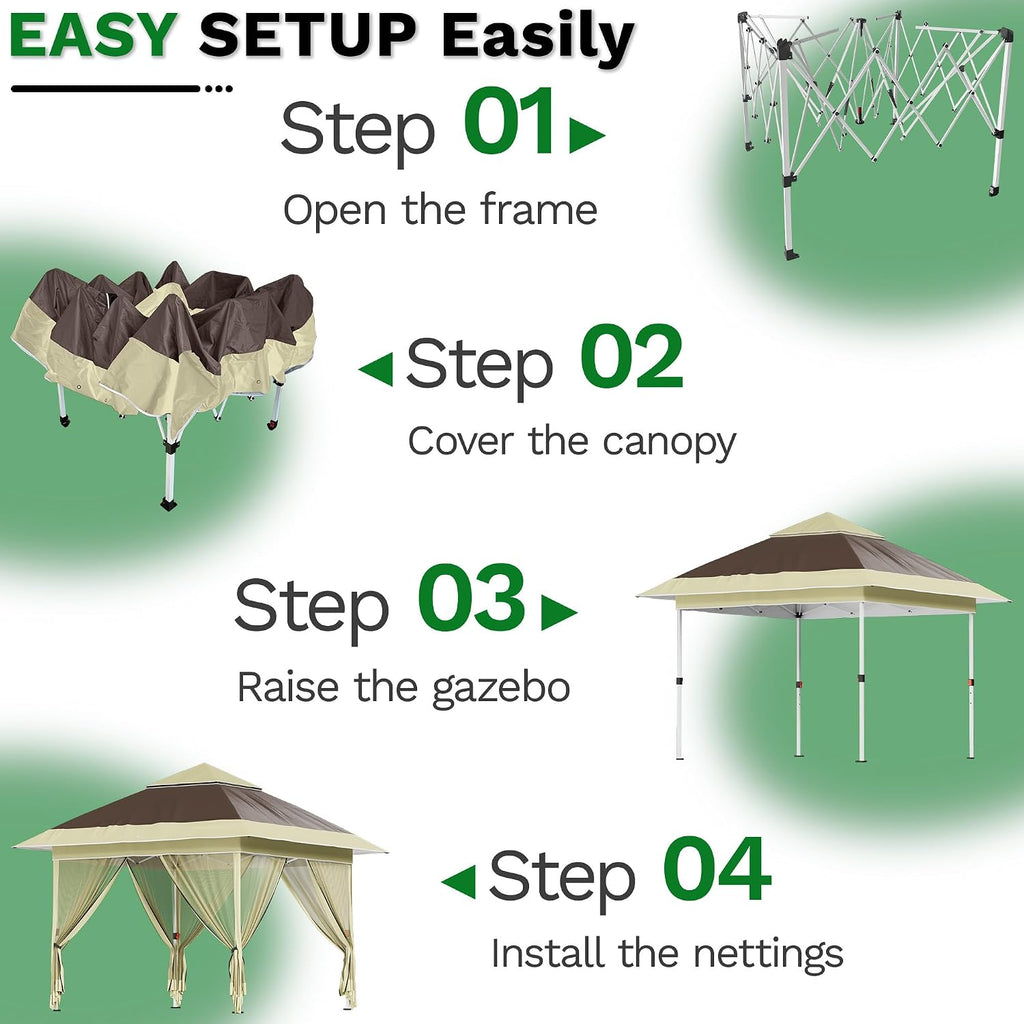 Devoko 10x10 Pop Up Gazebo Canopy Tent with Double Roof – Instant Shelter for Backyard, Garden, Party, Patio, Lawn – Portable Vented Outdoor Shade (Brown)