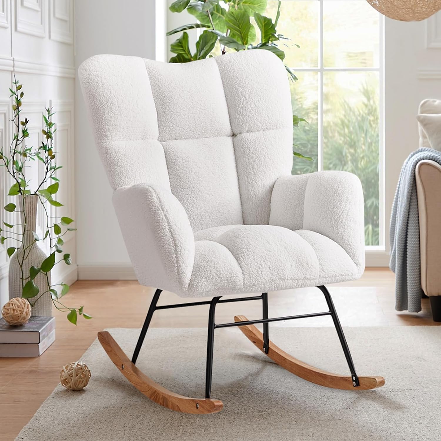 Rocking Chair Nursery, High Backrest Teddy Glider Rocker Upholstered Rocker Recliner Modern Rocking Accent Chairs for Bedroom, Living Room, Offices (Ivory)