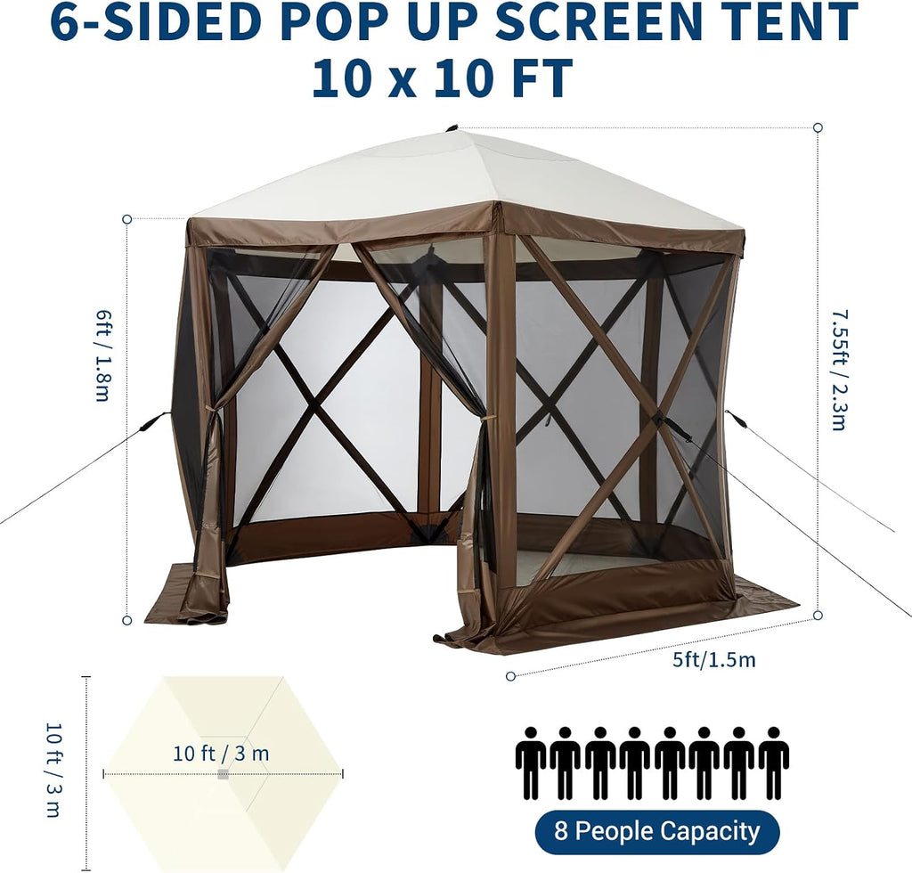 Hipicute 10x10ft Pop Up Gazebo Screen Tent with Mosquito Netting, 6 Sided Pop-Up Canopy Shelter Tent with Carrying Bag and Ground Stakes for Outdoor Camping, Lawn and Backyard