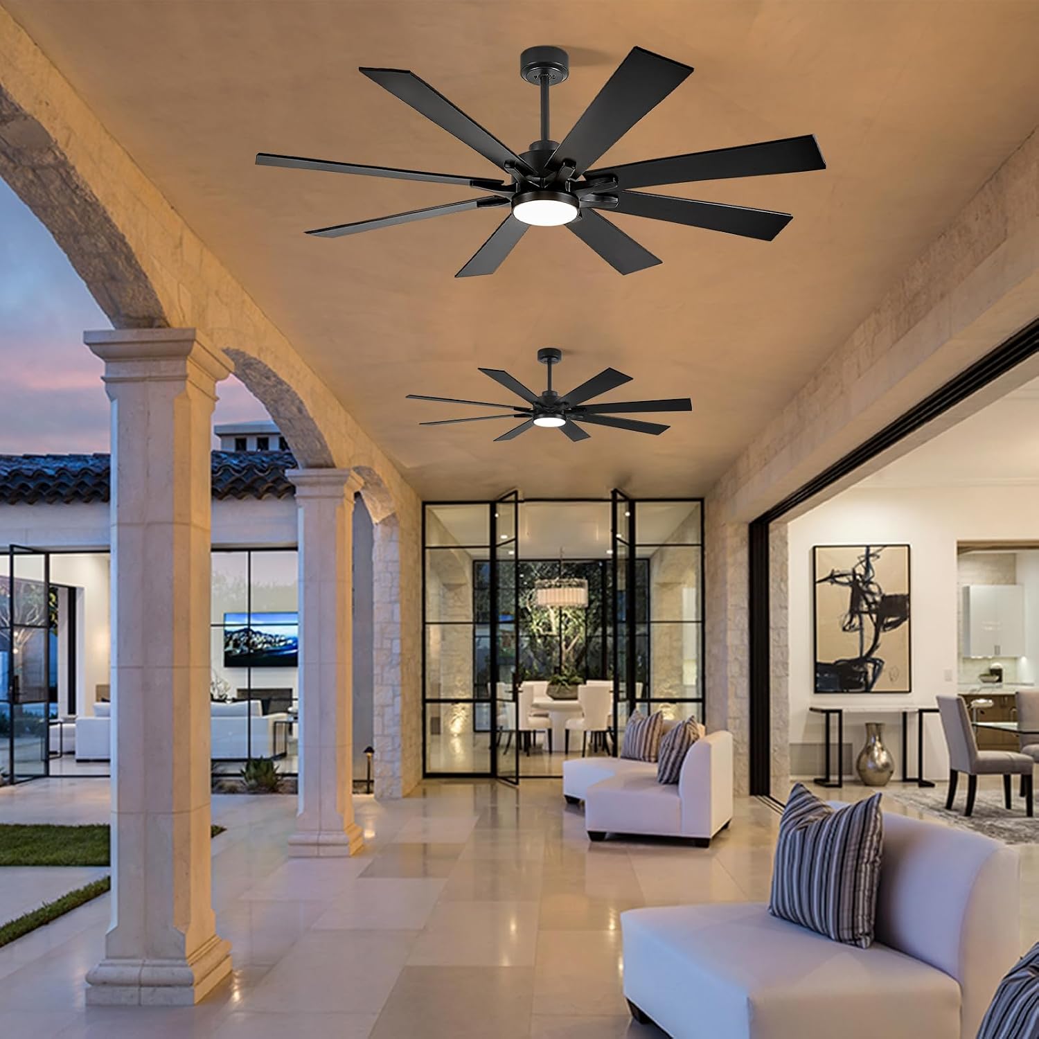 62 Inch Outdoor Ceiling Fan with Light for Patios, Black Ceiling Fan with Light, Large Damp Rated Industrial Fan with 8 Blades, Large Airflow Indoor Exterior Fans for Patios Porch Garage Office
