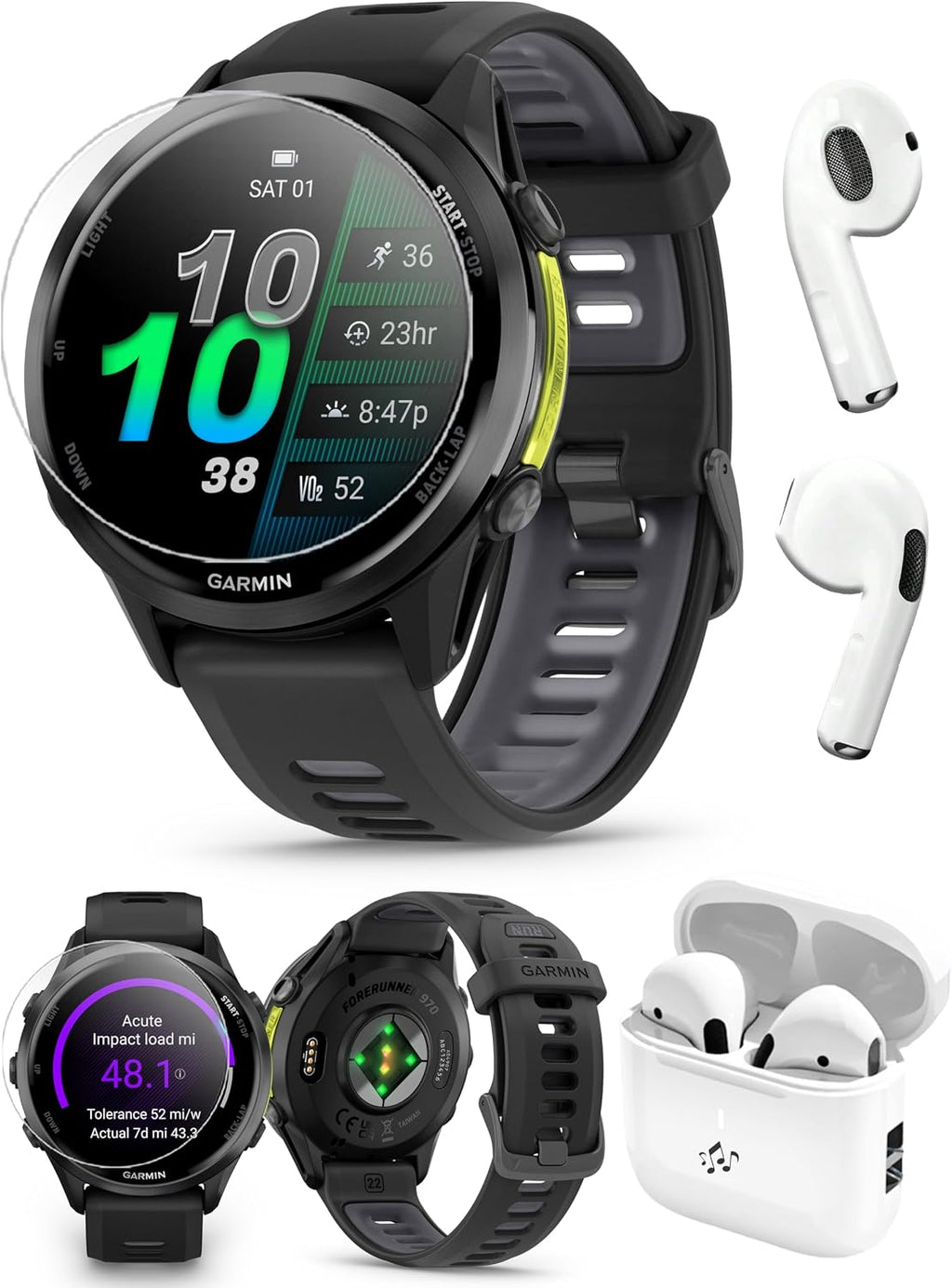 Garmin Forerunner 970 (Carbon Gray DLC Titanium/Translucent Black) Premium GPS Running & Triathlon Smartwatch - Bundle with PlayBetter Wireless Earbuds & HD Screen Protectors