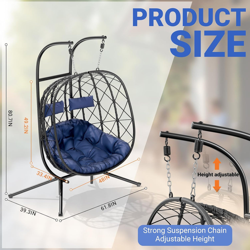 CHABATREE Double Egg Swing Chair with Stand - 2 Person Outdoor Patio Hanging Wicker Hammock Chair with Cushion, Dark Grey, for Garden, Lawn, Bedroom, Indoor/Outdoor Use