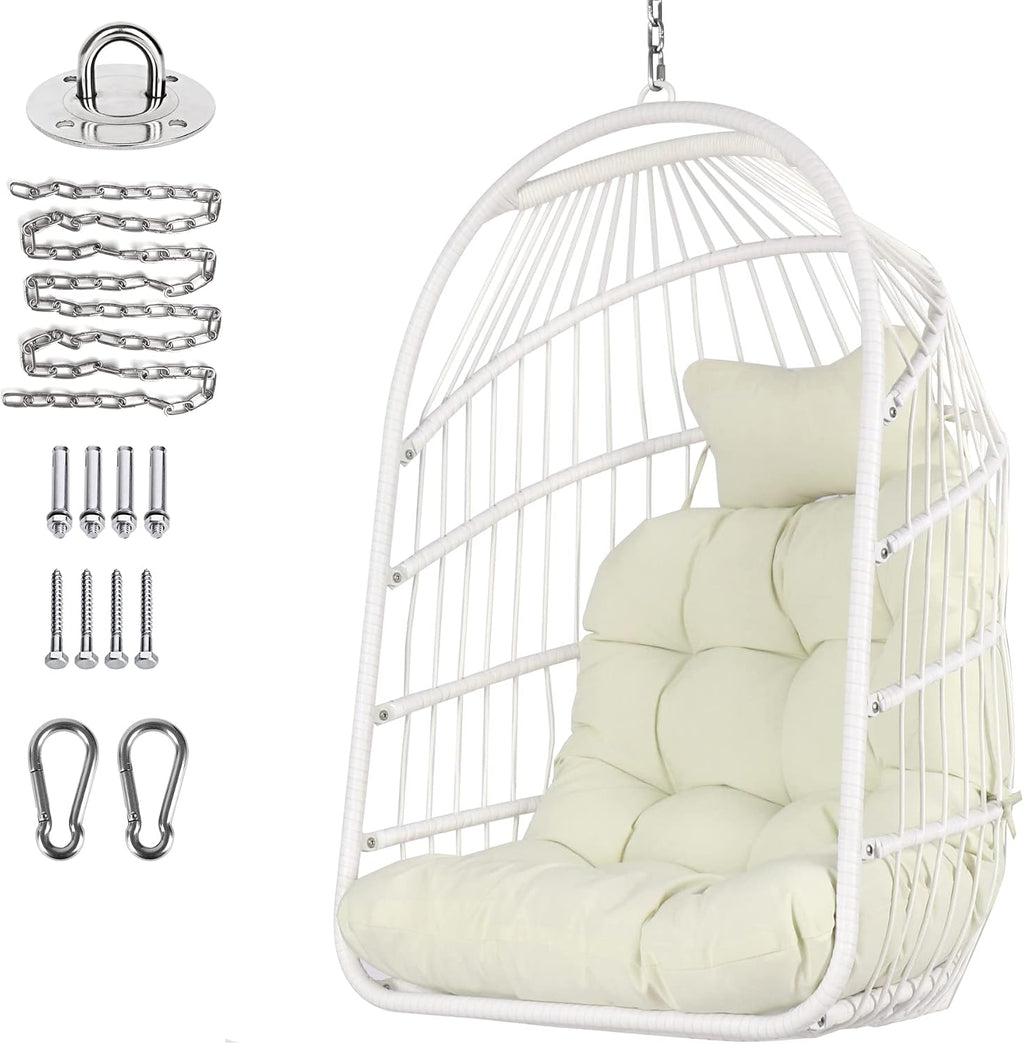Chihee Egg Chair Foldable Wicker Rattan Hanging Swing Chairs Indoor Outdoor Patio Wicker Chair Hammock Chair with Stainless Steel Hanging Kit Chain Link UV Resistant Cushion Bedroom Balcony