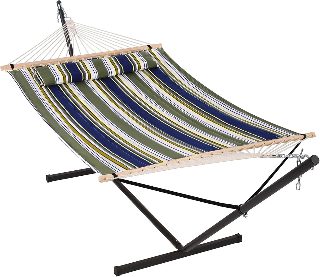 ANOW Double Hammock with Stand 12FT, Heavy Duty Hammocks with Stand for Outside, 450 LBS Weight Capacity, Blue & Green Stripes
