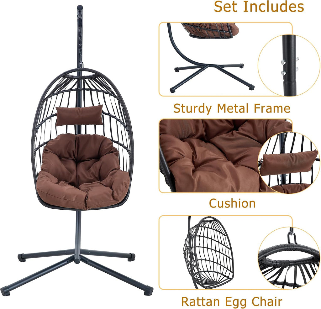 Egg Chair with Stand – Faux Rattan Wicker Hanging Hammock Chair, Soft Cushions & Pillow, Titanium Alloy Frame, UV-Resistant, All-Weather, Easy Assembly, 350 lbs Capacity for Patio, Garden, Balcony