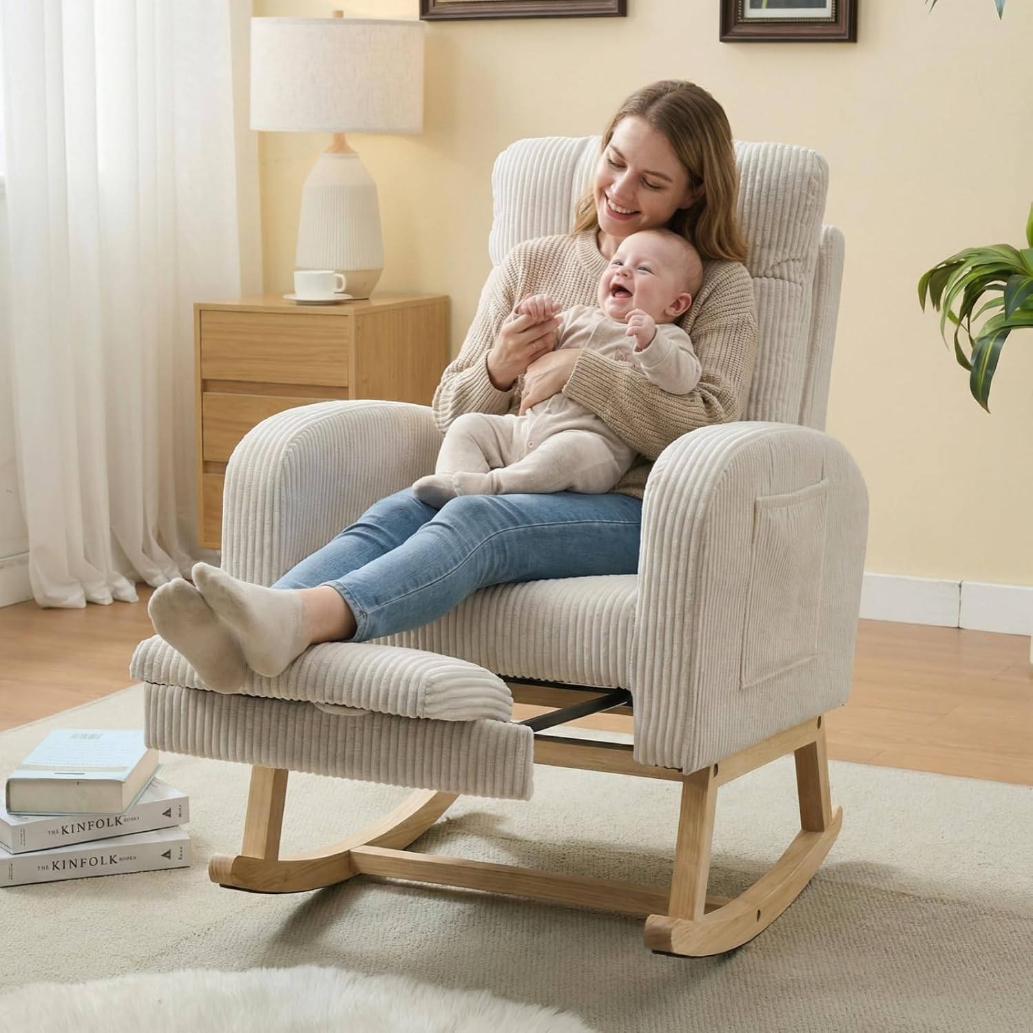 NIOIIKIT Nursery Rocking Chair, Corduroy Upholstered Rocking Chair with Adjustable Footrest, Tufted Rocker Chair with Side Pocket, Glider Rocker for Living Room, Bedroom (Cream Retro)