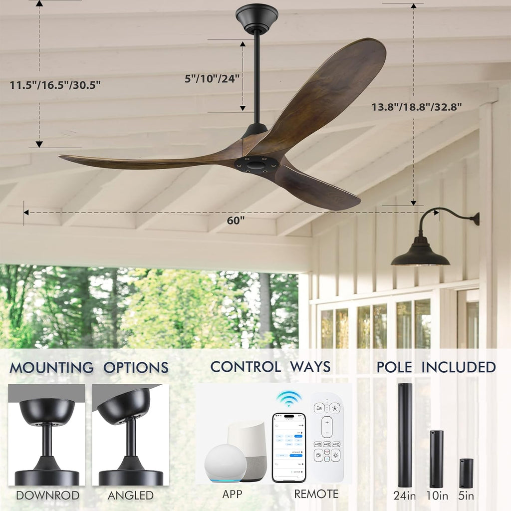 60 inch DC Ceiling Fan No Light Outdoor Ceiling Fan for Patios Damp Rated, ETL Listed 3 Blade Large Airflow Indoor Commercial Smart Ceiling Fans for Exterior Porch Gazebo with Alexa/Remote/APP Control