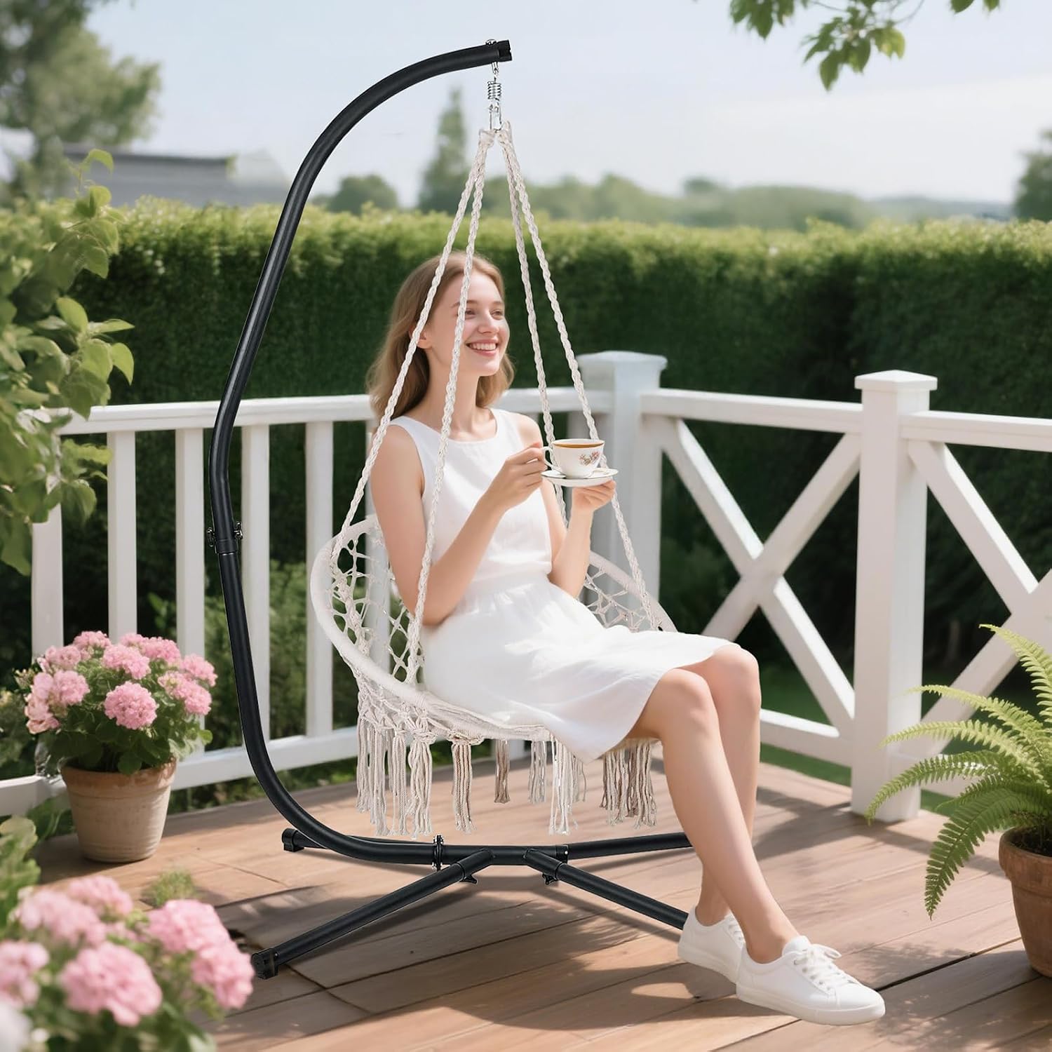 Aoodor Patio Hammock Stand Only, Hammock Chair Metal C-Stand with Hanging Chain, Max Load 330lbs, Black