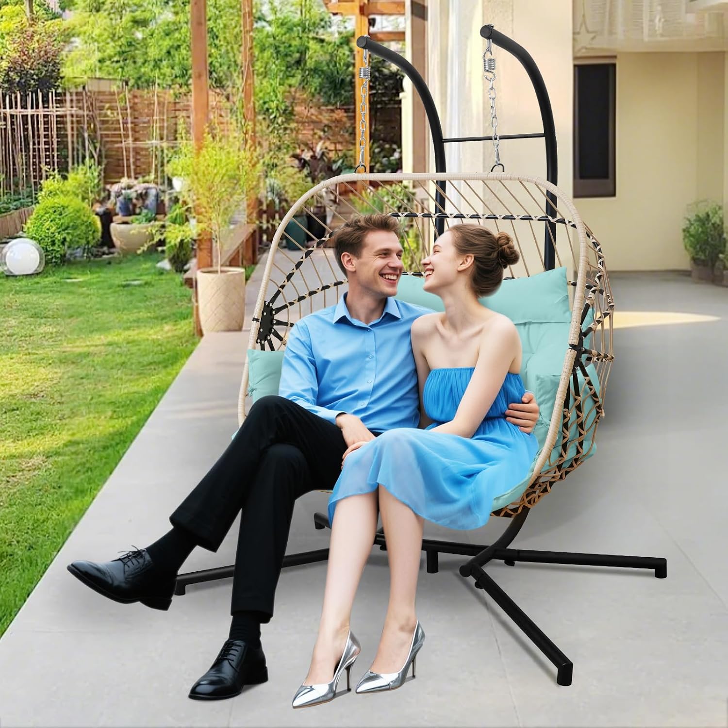 Double Egg Swing Chair with Stand Patio Rattan Wicker Hammock Chairs Outdoor Indoor Egg Swing Chair with Cushion Headrest 550 Lbs Capacity for Bedroom Balcony Garden Porch Backyard, Blue