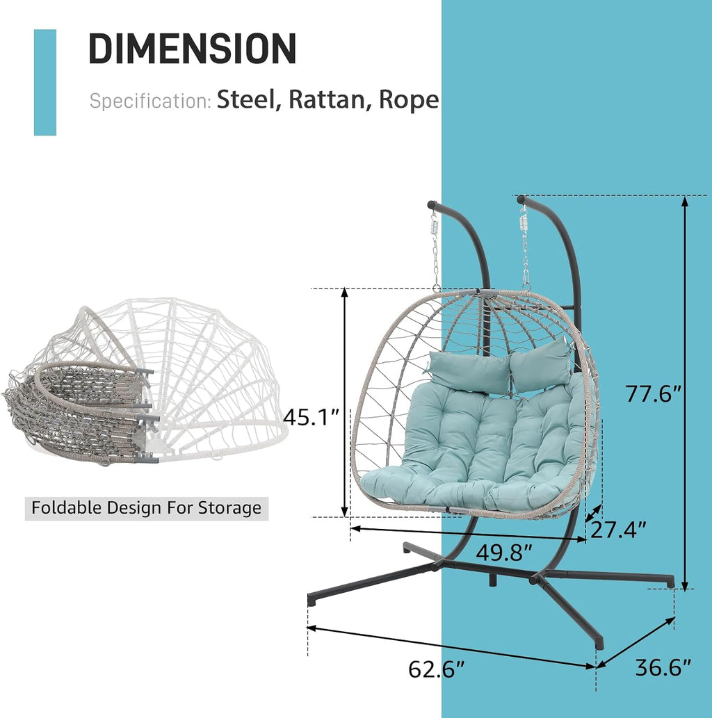 Patiorama 2 Person Double Egg Swing Chair with Stand Indoor Outdoor, Patio Wicker Rattan Hanging Egg Chair w/Cushion, Pillow, Foldable Hammock Chair 550lbs for Bedroom, Balcony, Garden (Light Blue)