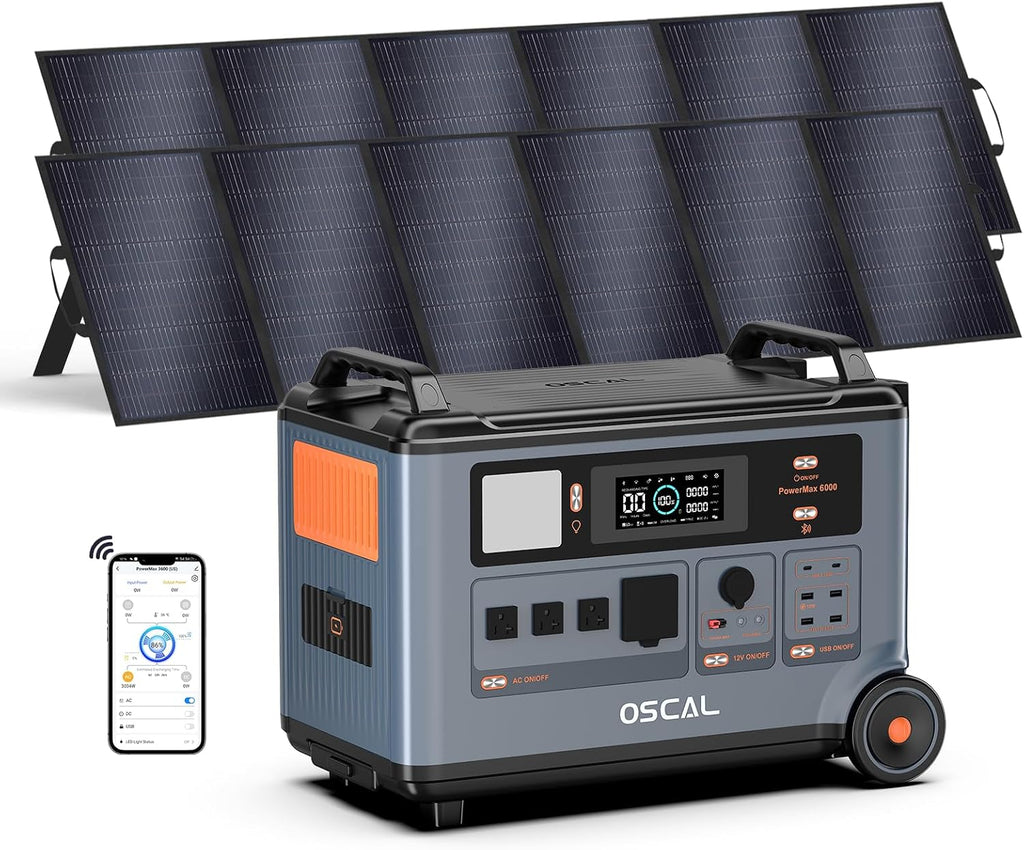 OSCAL PowerMax 6000 Solar Generator with 2x500W Solar Panels, 120/240V Split Phase Voltage 6000W AC Outlets (9000W Peak), 3600Wh Power Station Expandable to 57.6kWh, Emergency for Home