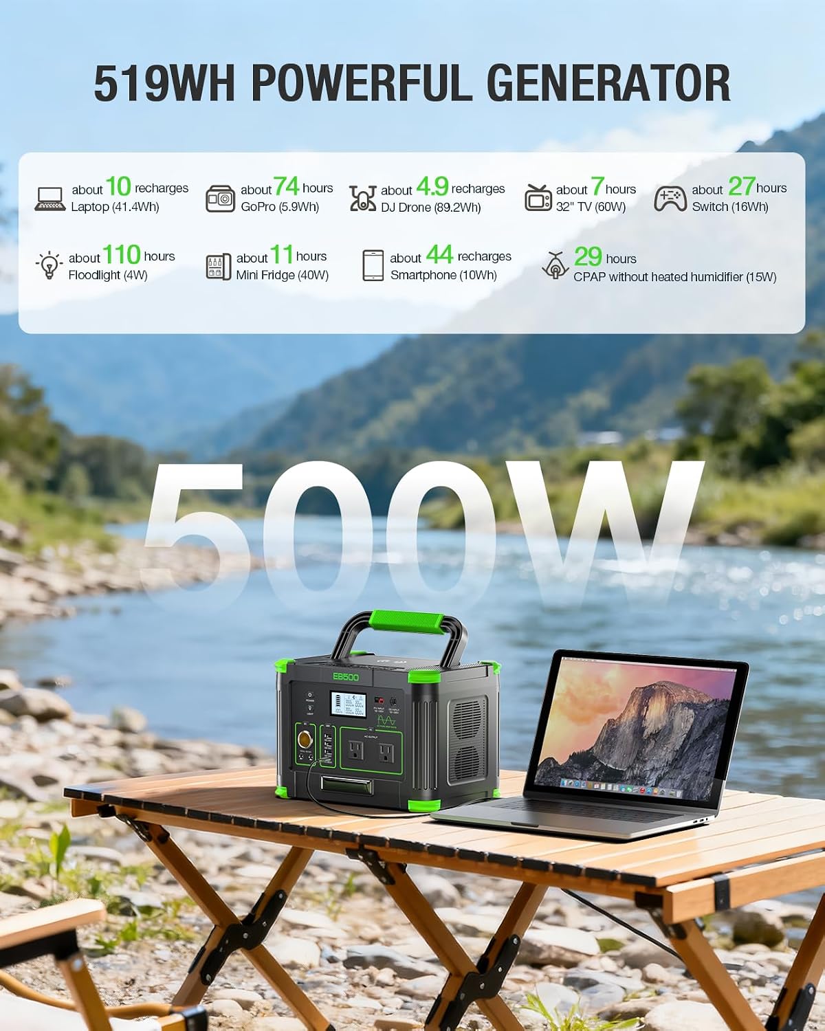 Portable Power Station 500W, 519Wh/140400mAh Solar Generator Backup Lithium Battery Pack Power Supply with 2 AC Outlets, PD 60W USB-C Power bank for Outdoor RV Camping Home Outage Emergency