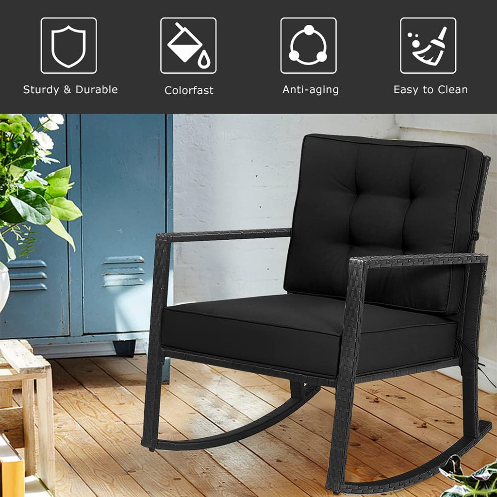 Tangkula Wicker Rocking Chair, Outdoor Glider Rattan Rocker Chair with Heavy-Duty Steel Frame, Patio Wicker Furniture Seat with 5' Thick Cushion for Garden, Porch, Backyard, Poolside (1, Black)