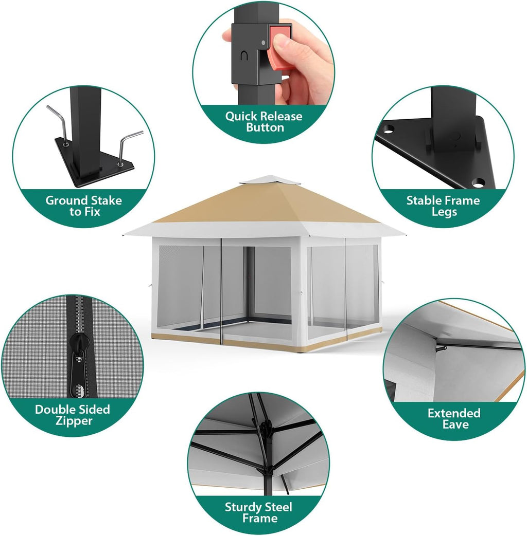 12x12 Pop Up Gazebo Outdoor Canopy Tent, Outdoor Gazebo with 4 Sandbags, Double Tiers & Mesh Netting for Lawn, Garden, Backyard & Patio Furniture Khaki