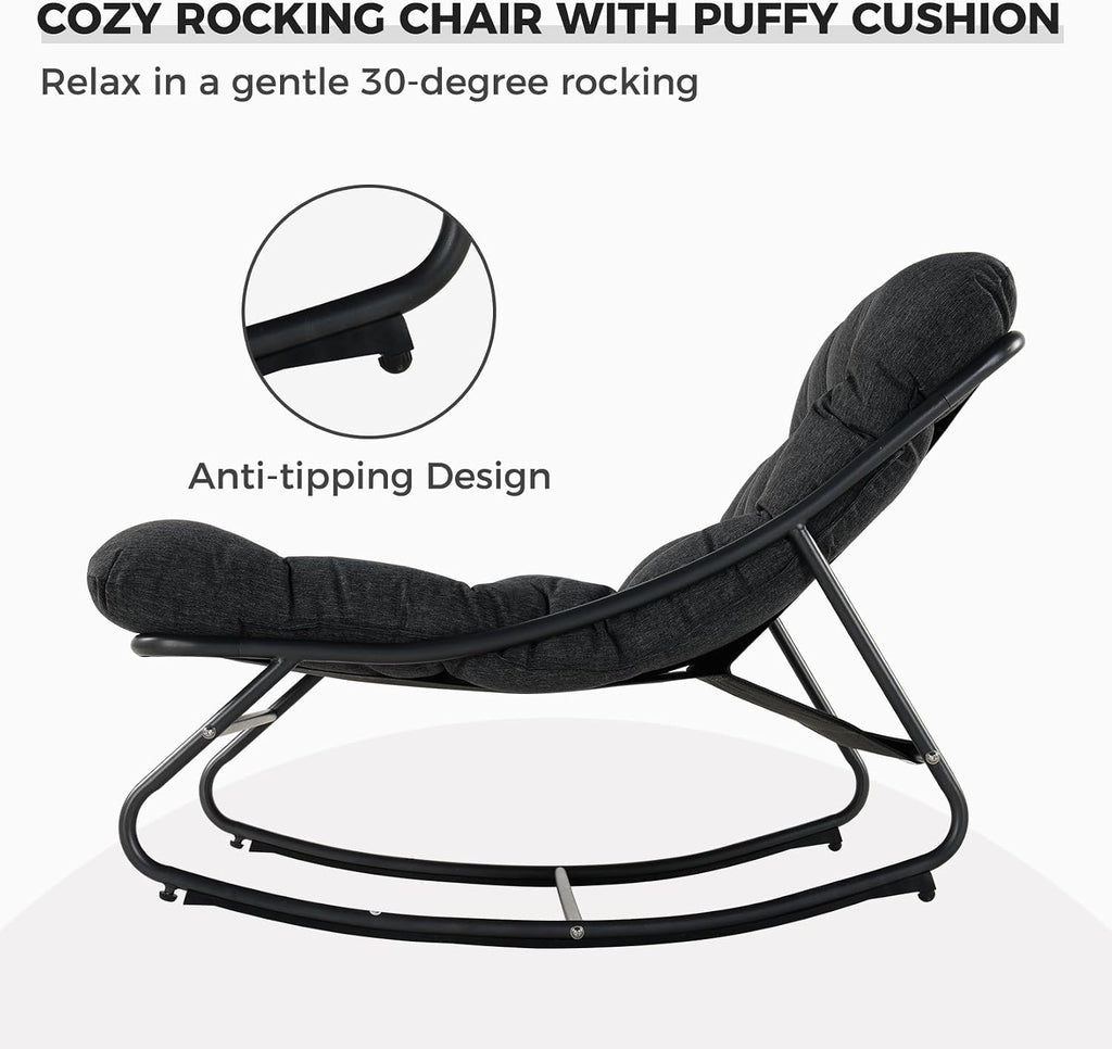 Grand patio Rocking Chair with Foot Stool, Metal Outdoor Rocking Chair with Cushion and Foot Rest, Comfy Lounge Rocker for Living Room Porch Patio, Dark Gray