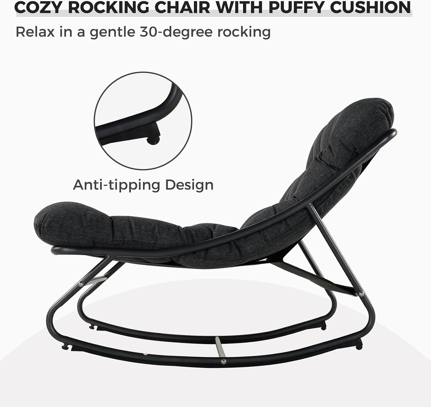 Grand patio Rocking Chair with Foot Stool, Metal Outdoor Rocking Chair with Cushion and Foot Rest, Comfy Lounge Rocker for Living Room Porch Patio, Dark Gray