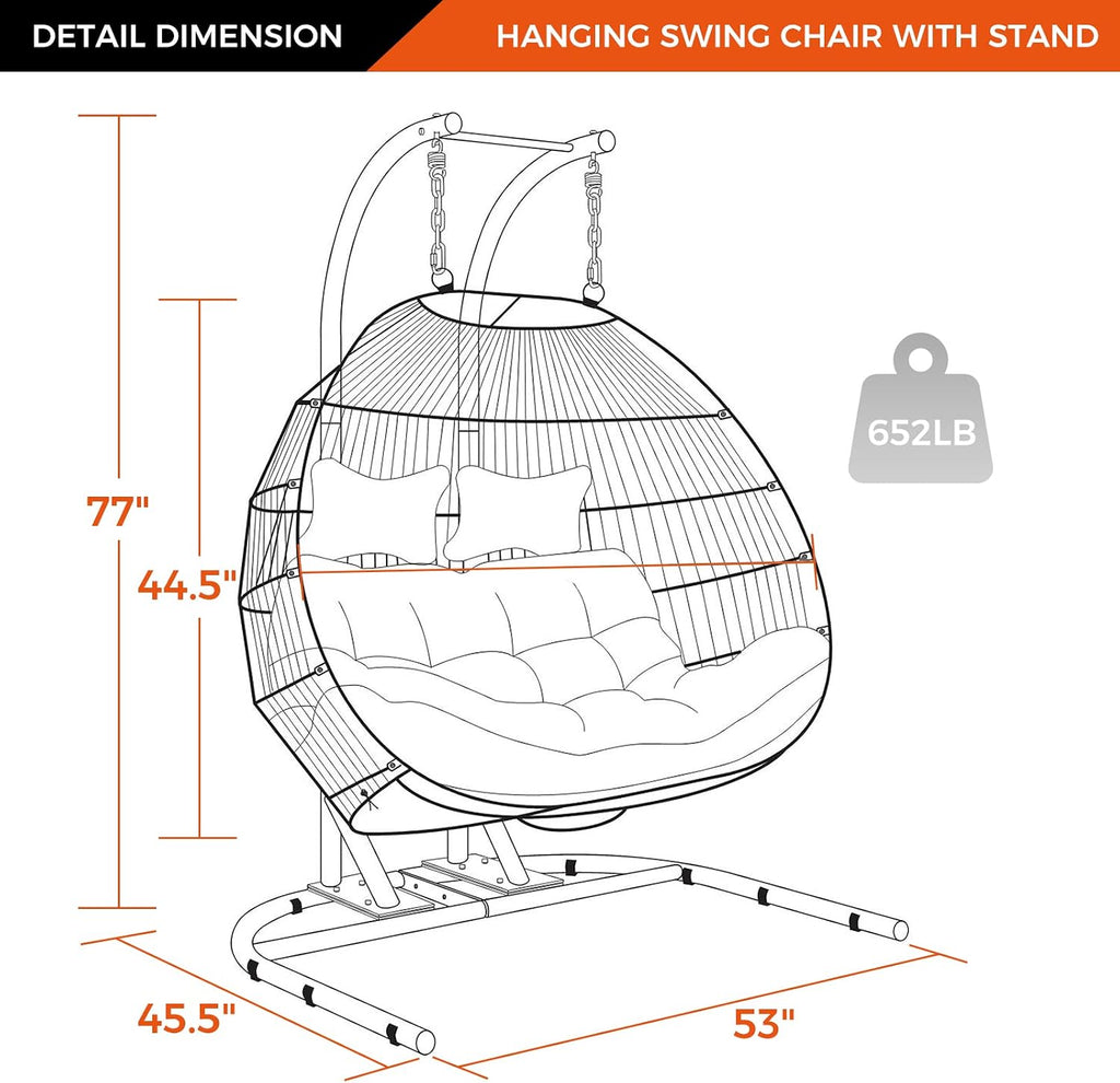 2 Person Hanging Double Swing Chair, Foldable Egg Chair with Stand and Cushion for Indoor Outdoor Patio Garden