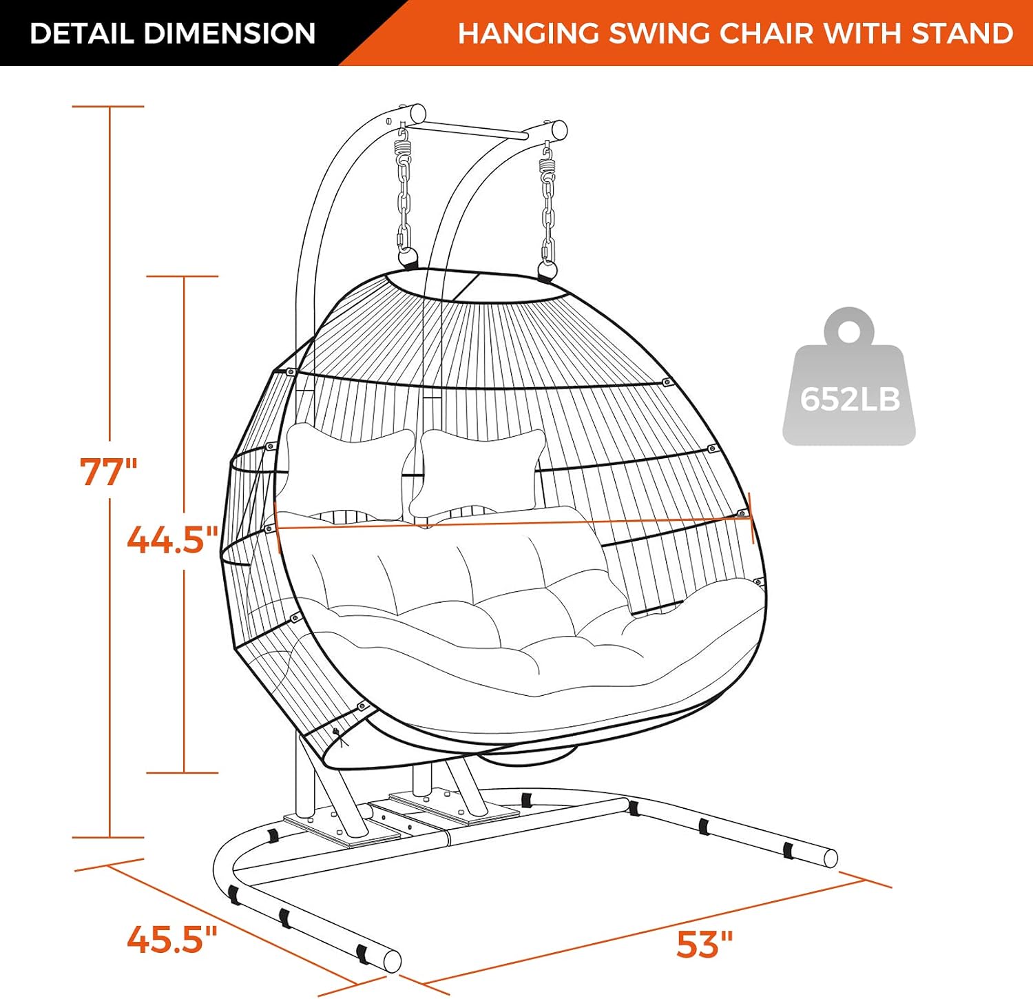 2 Person Hanging Double Swing Chair, Foldable Egg Chair with Stand and Cushion for Indoor Outdoor Patio Garden