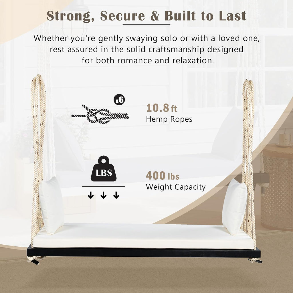 Merax Outdoor Patio Wooden Swing Chair, 2-Seat Hanging Porch Hammock Bench with Cushion & Pillows, 10.8Ft Hemp Ropes for Garden, Backyard, Lawn, Black