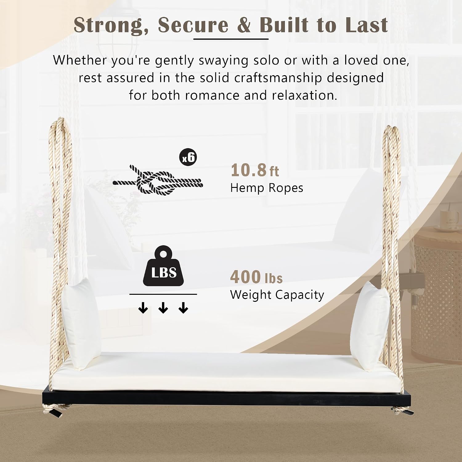 Merax Outdoor Patio Wooden Swing Chair, 2-Seat Hanging Porch Hammock Bench with Cushion & Pillows, 10.8Ft Hemp Ropes for Garden, Backyard, Lawn, Black