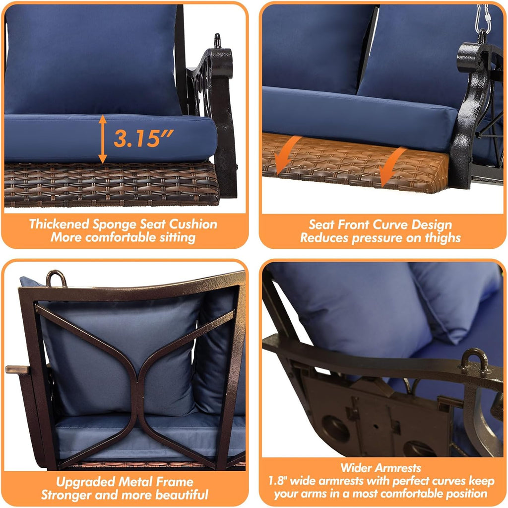 ZZW 3-Person Wicker Porch Swing Chair Heavy Duty 900 LBS Outdoor Rattan Patio Swing Chair w/Cup-Holder & Steel Chains Hanging Bench Porch Swing Cushions for Deck & Backyard & Garden