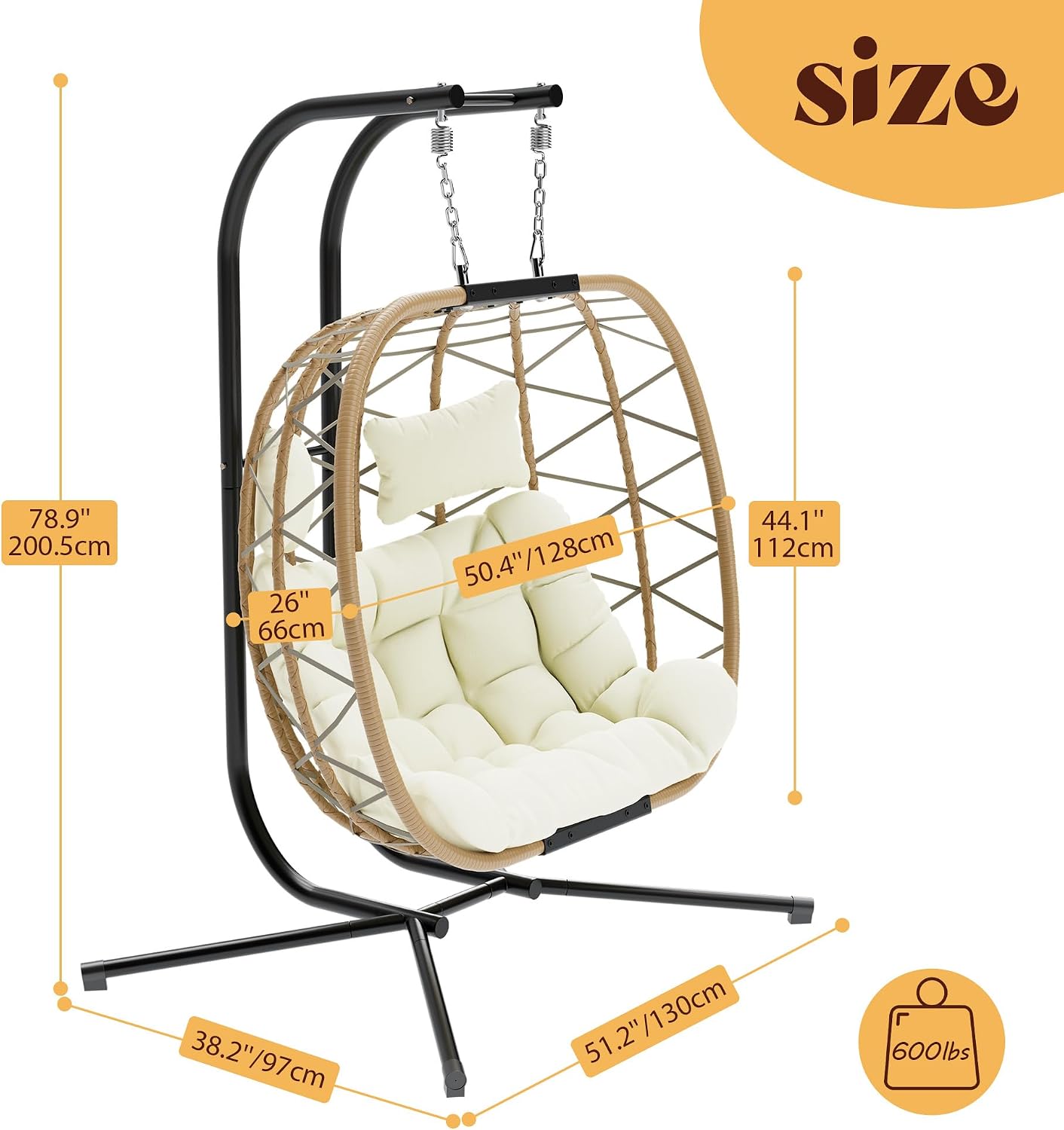 DoubleTT Double Swing Egg Chair with Stand, Oversized 2 Person Indoor Outdoor Wicker Patio Basket Hanging Chair with Beige Cushion 550 LBS Capacity for Bedroom Balcony