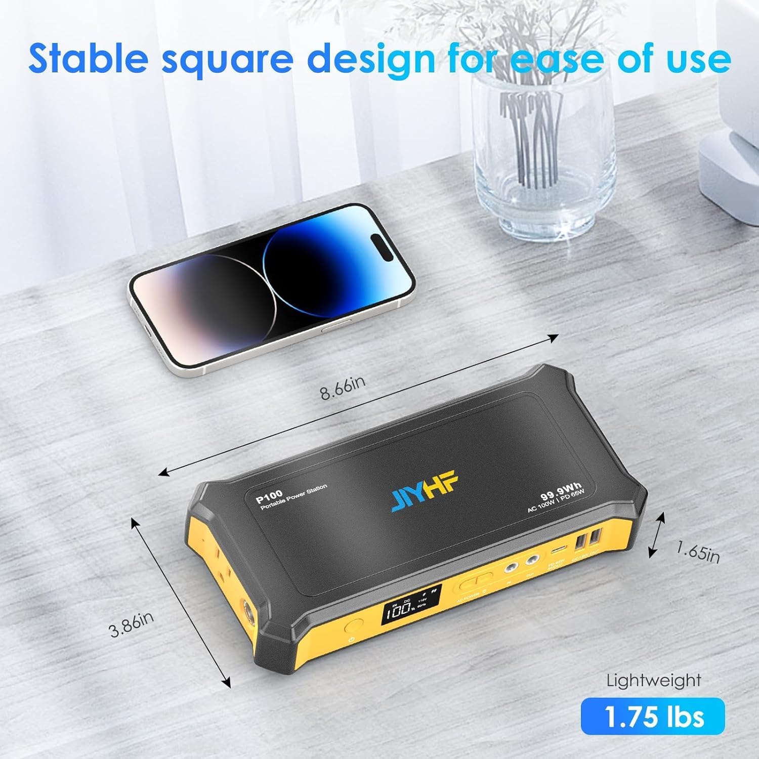JIYHF Portable Power Station 99.9Wh, Backup Power with 65W USB-C PD, 100W AC Outlet, 12V DC Output, LED Light for Camping, Home Backup, Emergency, RV