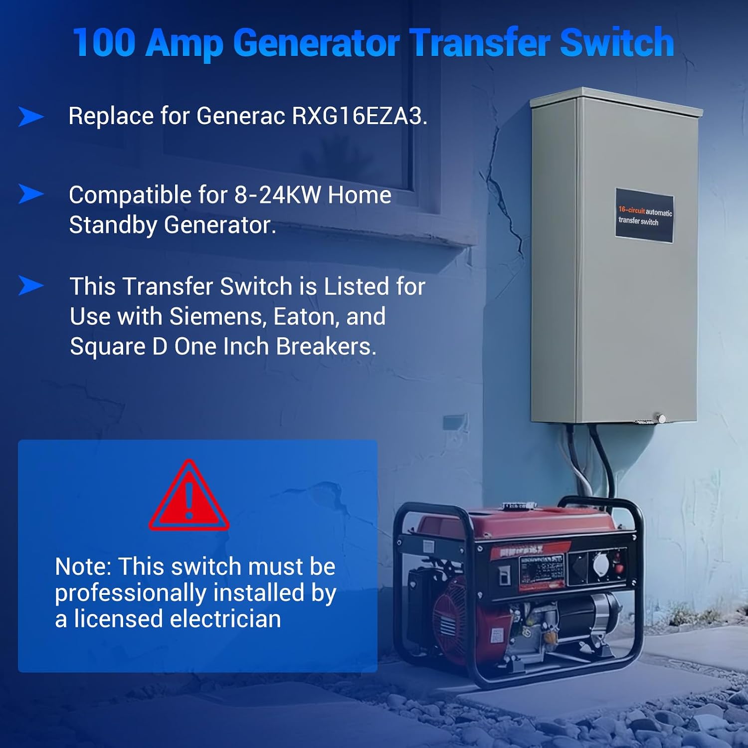 100 Amp Transfer Switch Replacement for Generac REXG16EZA3, 16-Circuit 100 Amp Automatic Transfer Switch with NEMA 3R Protection Enclosure, Suitable for Indoor and Outdoor Use