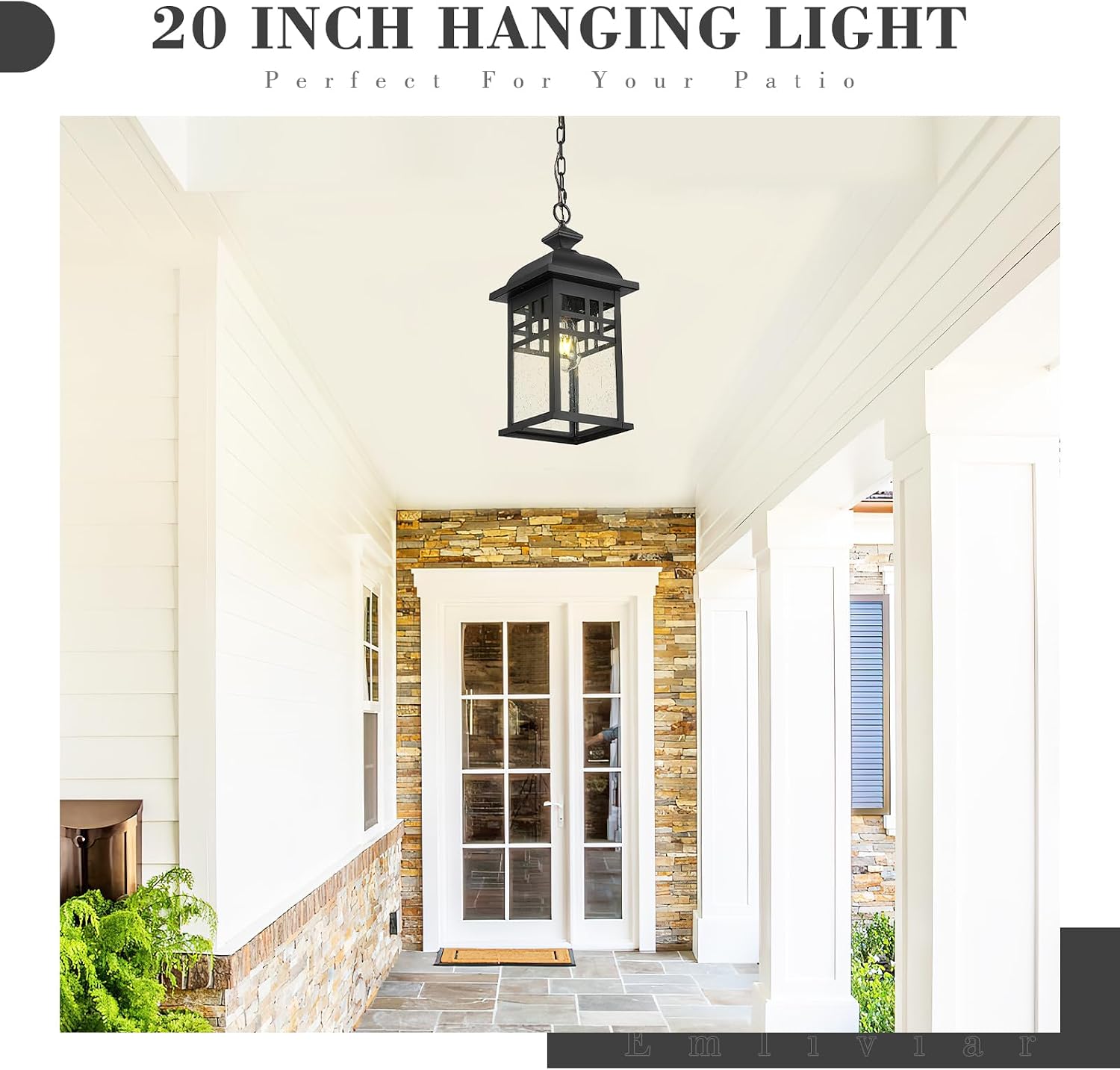 Emliviar 20' Farmhouse Outdoor Pendant Light, Large Outdoor Hanging Light for Porch Gazebo, Black Finish Aluminum with Seeded Glass Shade, DE279H-M BK