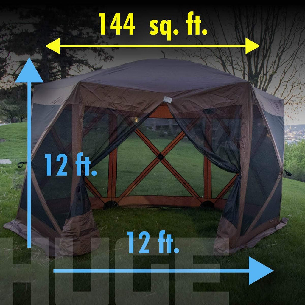 Backyard Expressions 12' x 12' Pop Up 6 Sided Portable Hub Gazebo Screen Canopy Tent with Ground Stakes & Carry Bag