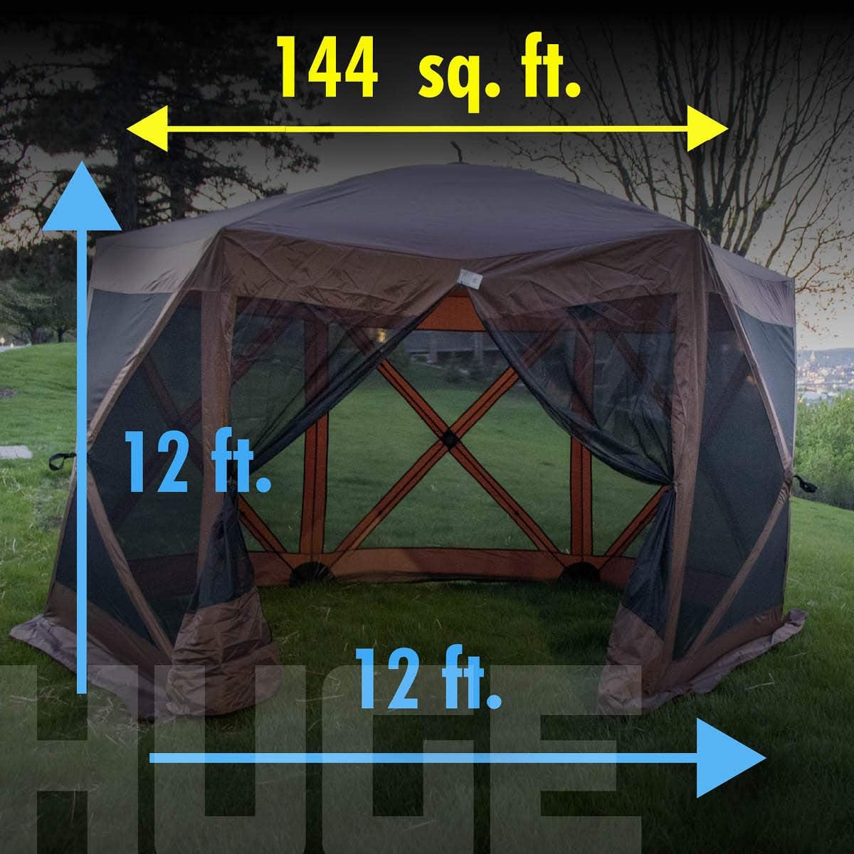 Backyard Expressions 12' x 12' Pop Up 6 Sided Portable Hub Gazebo Screen Canopy Tent with Ground Stakes & Carry Bag