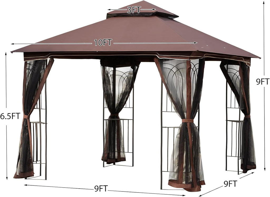 ECOTOUGE Outdoor Gazebo 10'x10', Heavy Duty Canopy Tent with Soft Double Roofs & Metal Corner Frame Shelves, Party Tent Shelter with Mosquito Netting for Patio, Deck, Backyard, Brown