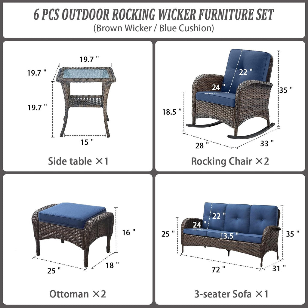 Belord Patio Rocking Chairs Furniture Set of 6, Outdoor Wicker Furniture Sets with Wicker Rocker, Small Patio Conversation Sets with Outdoor Couch Ottomans Brown/Blue