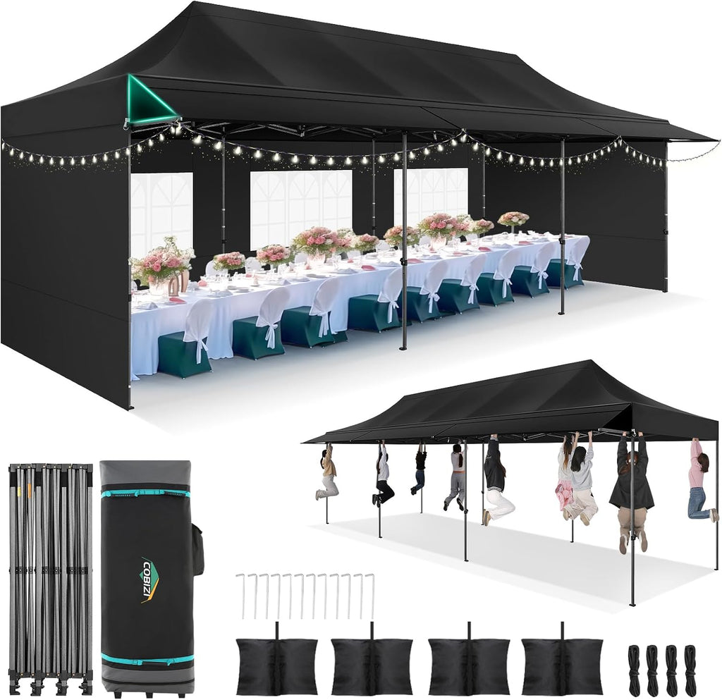 COBIZI 10x30 Pop Up Canopy Tent with Awning & Sidewalls, Heavy Duty Commercial 10X30 Canopy Tents Instant Waterproof, UPF 50+ Sun Shade for Outdoor, Parties, Markets (Black)