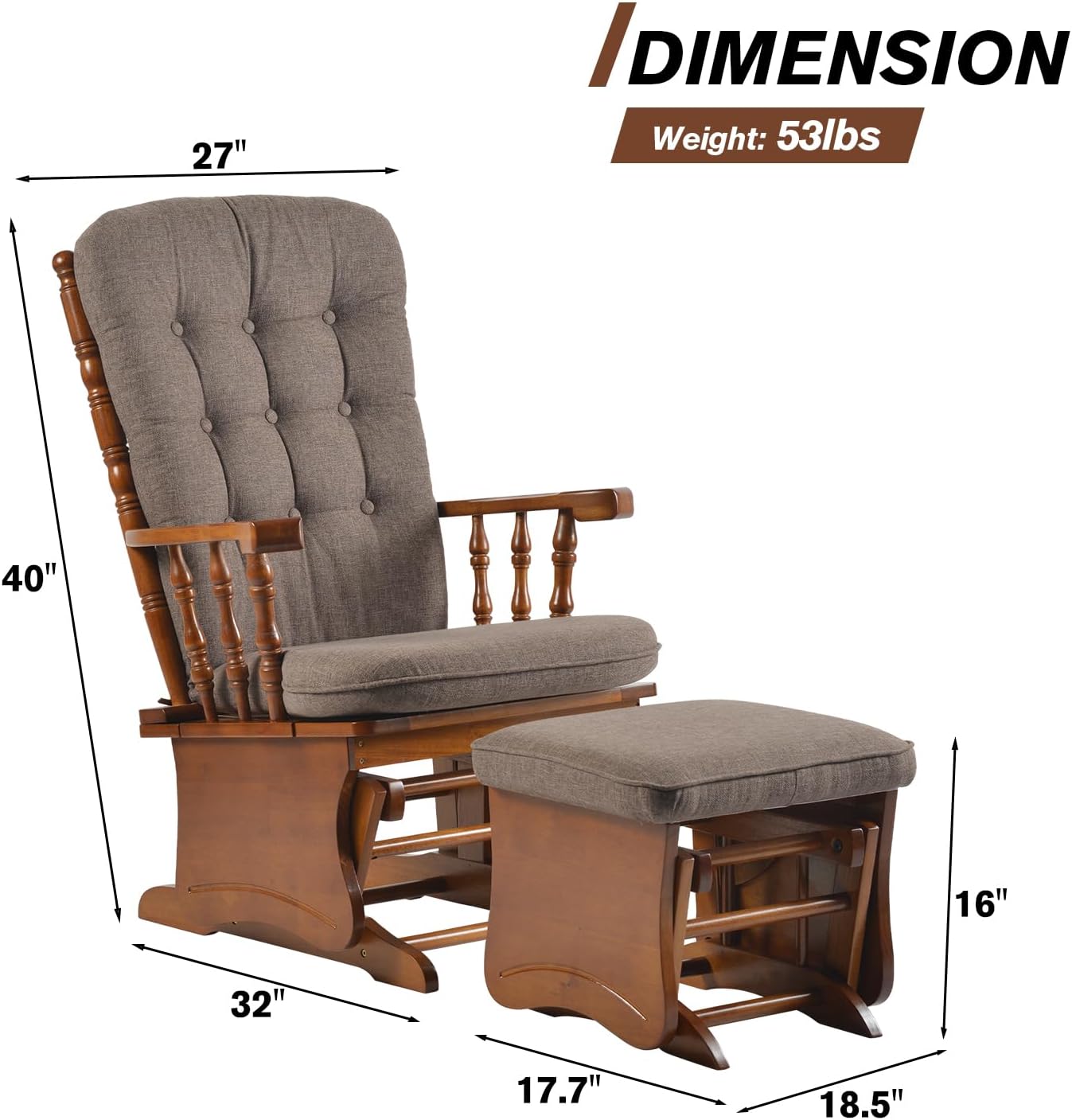 Anti-Pinch Solid Wood Hand Glider Rocking Chair Set with Ottoman, with Padded Cushion, Rustic Rubber Wood Nursery Glider for Nursing, Relaxing, Living Room, Bedroom, Oak Colored