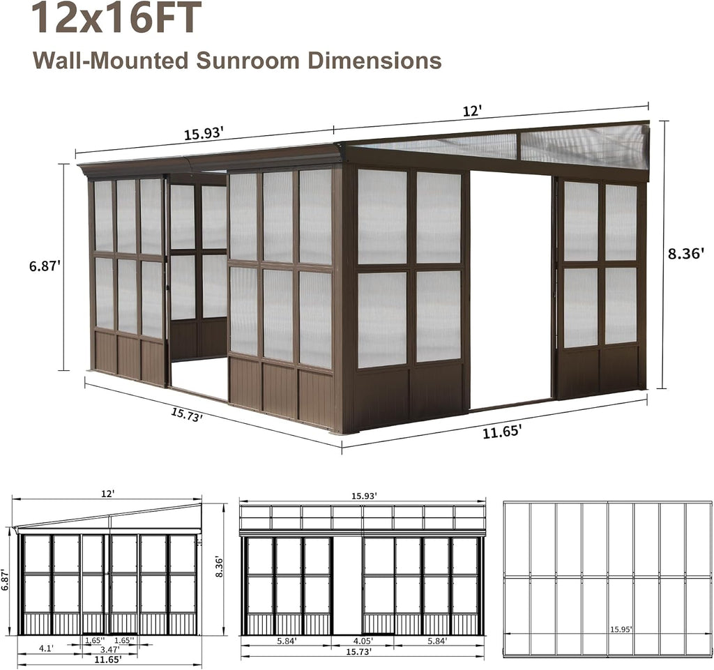Domi Lean-to Sunroom 12x16FT, Wall Mounted Solarium with Sloping Polycarbonate Roof, Detachable Polycarbonate Screens, 2 Lockable Sliding Doors, Aluminum Gazebo Against Wall Sun Room for Patio Deck