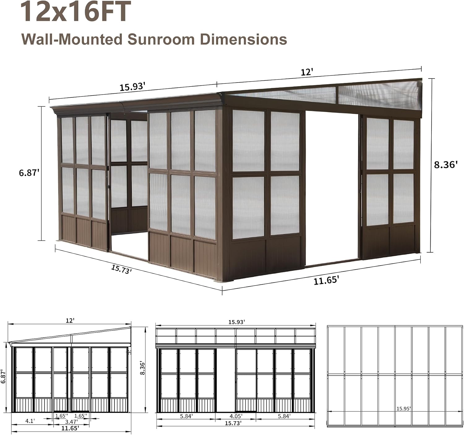 Domi Lean-to Sunroom 12x16FT, Wall Mounted Solarium with Sloping Polycarbonate Roof, Detachable Polycarbonate Screens, 2 Lockable Sliding Doors, Aluminum Gazebo Against Wall Sun Room for Patio Deck
