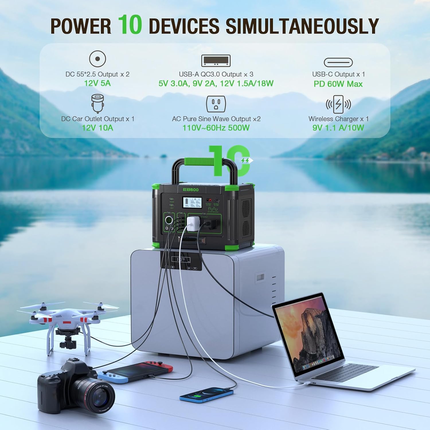 500W Portable Power Station 519Wh Solar Generator Backup Battery - Multi-Output Emergency Power Supply with 60W PD USB-C, QC3.0 USB-A, AC/DC/Car Ports & Wireless Charger for Camping, Home Outage