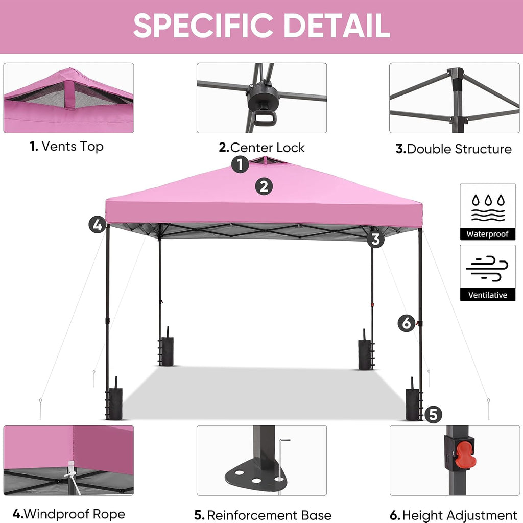 GDY 12x12 Pop Up Canopy Patio Carpas, One Push Set up with Central Lock Canopy with Wheeled Carry Bag, Included 4 Sandbaogs,8 Stakes and 4 Ropes, Pink